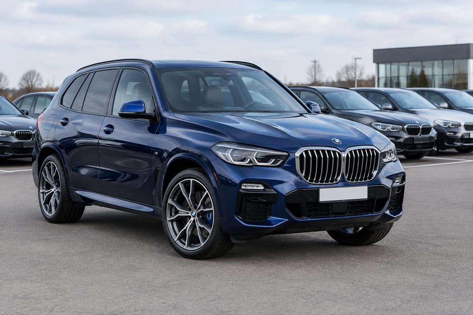 Blå BMW X5 parkeret sammen med andre biler hos en forhandler