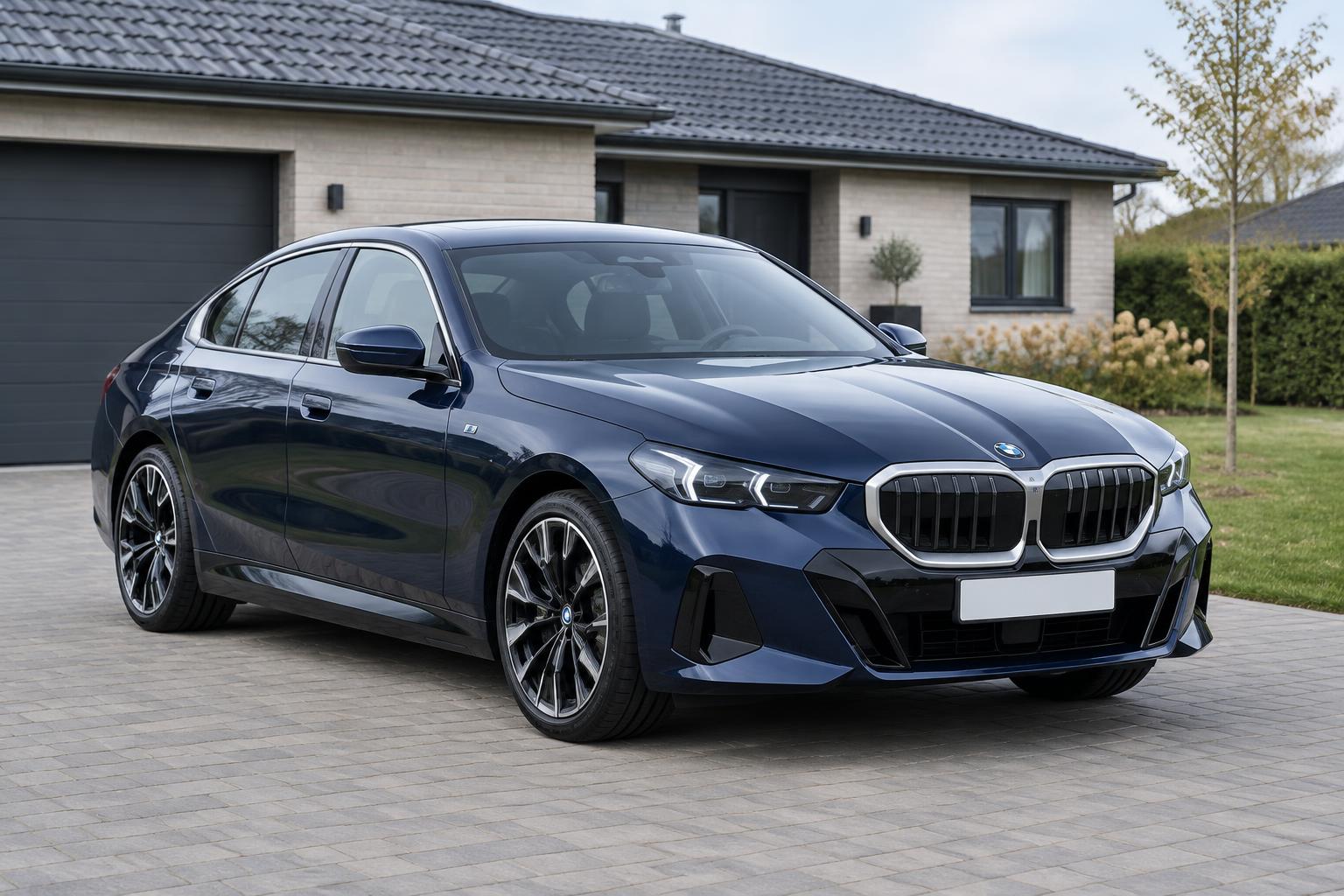 Blå BMW i5 parkeret foran et parcelhus